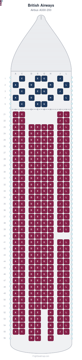 British Airways Airbus A330-200 seat map layout for flight BA4201 from EZE to MAD