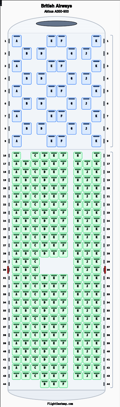 British Airways Airbus A350-900 seat map layout showing 2-class configuration with 283 seats