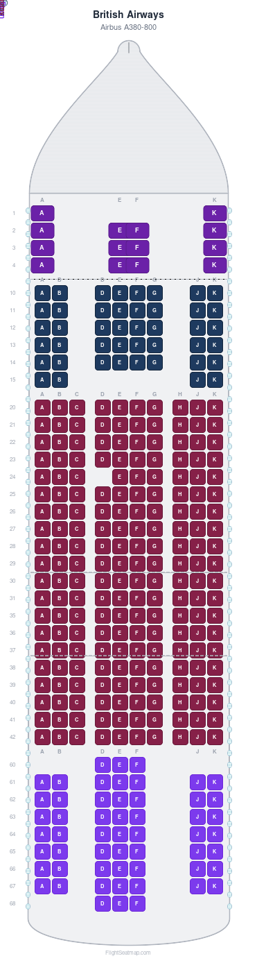 British Airways Airbus A380-800 seat map layout for flight BA7010 from LHR to DOH