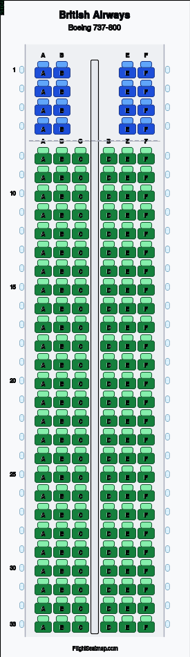 British Airways Boeing 737-800 seat map layout for flight BA1914 from DFW to AUS