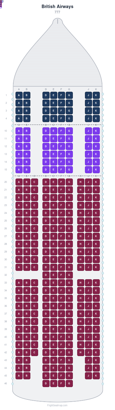 British Airways Boeing 777 seat map layout for flight BA175 from LHR to JFK