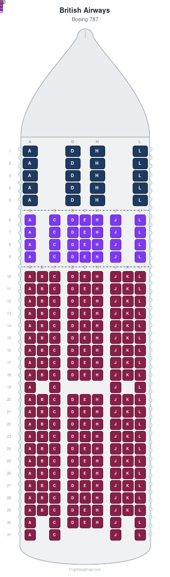 British Airways Boeing 787 seat map layout showing 3-class configuration with 234 seats