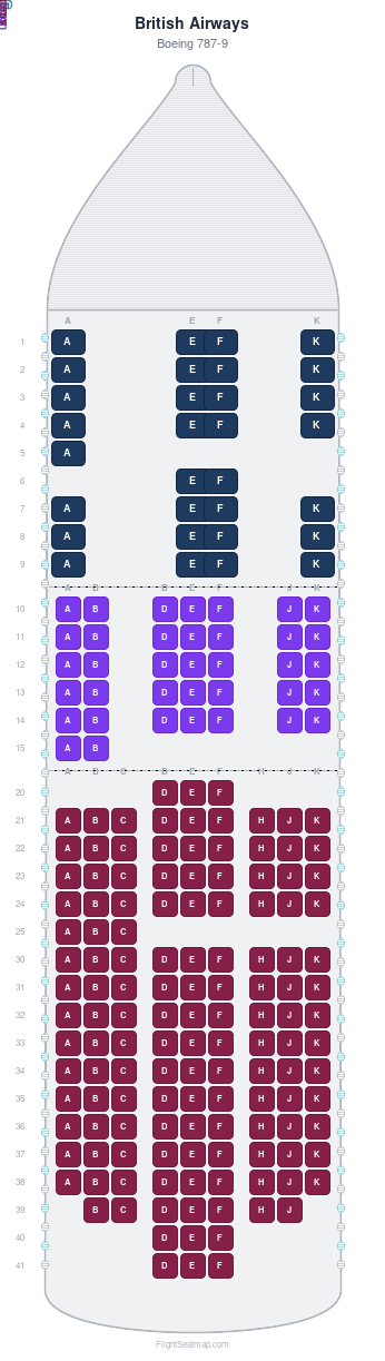 British Airways Boeing 787-9 seat map layout showing 3-class configuration with 204 seats