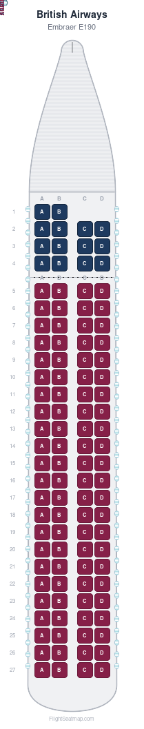 British Airways Embraer E190 seat map layout showing 2-class configuration with 106 seats