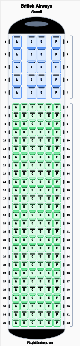 British Airways  seat map layout showing 2-class configuration with 182 seats