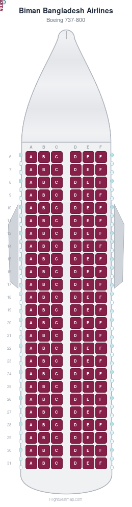 Biman Bangladesh Airlines Boeing 737-800 seat map layout showing 1-class configuration with 150 seats