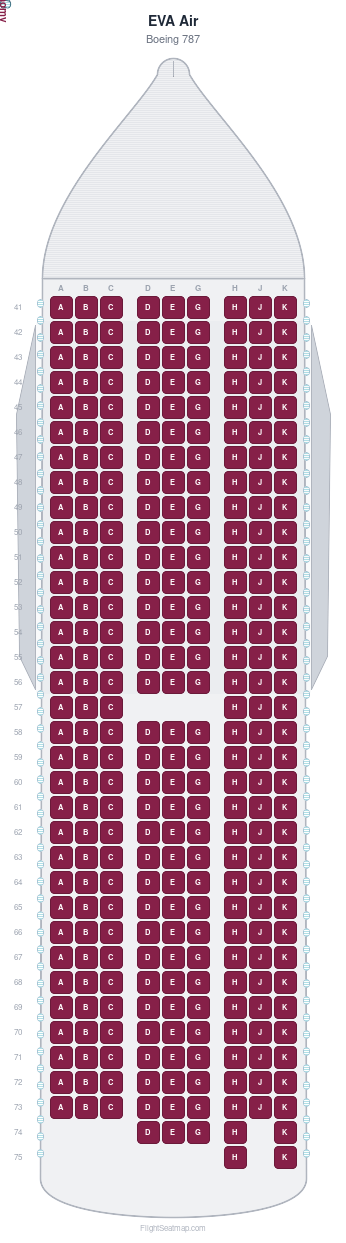 EVA Air Boeing 787 seat map layout showing 1-class configuration with 301 seats