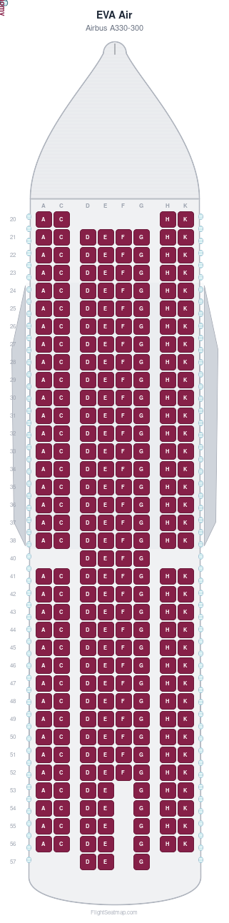 EVA Air Airbus A330-300 seat map layout showing 1-class configuration with 279 seats