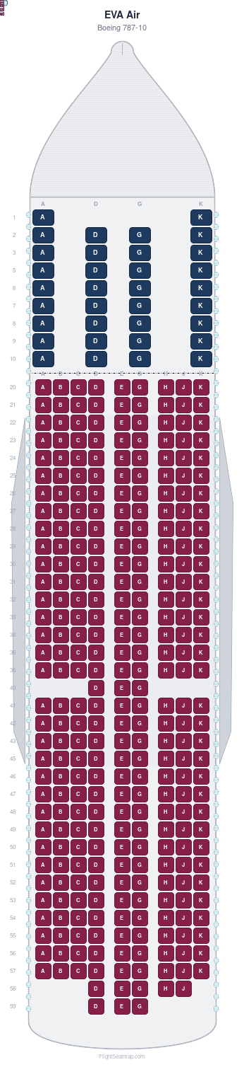 EVA Air Boeing 787-10 seat map layout showing 2-class configuration with 342 seats