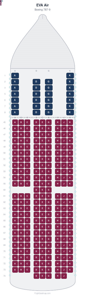 EVA Air Boeing 787-9 seat map layout for flight BR868 from HKG to TPE