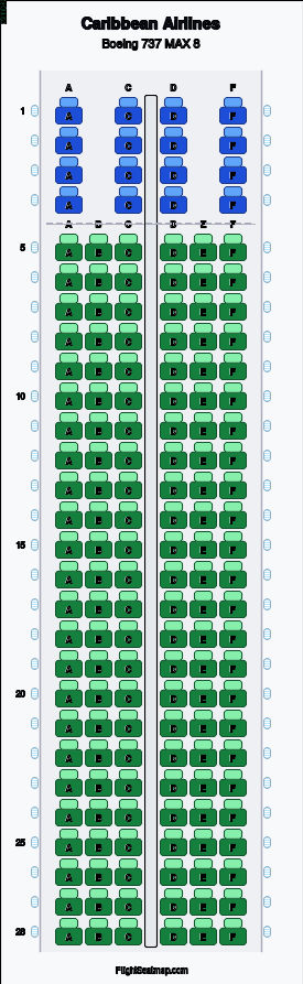 Caribbean Airlines Boeing 737 MAX 8 seat map layout showing 2-class configuration with 160 seats