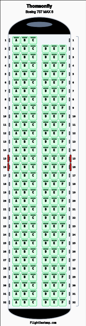 Thomsonfly Boeing 737 MAX 8 seat map layout showing 1-class configuration with 189 seats