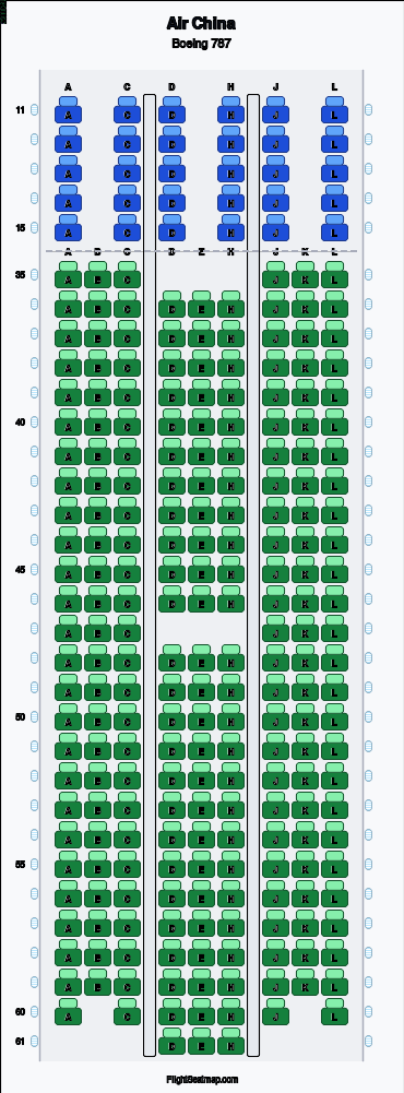 Air China Boeing 787 seat map layout for flight CA720 from BUD to PEK