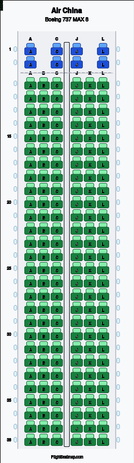 Air China Boeing 737 MAX 8 seat map layout showing 2-class configuration with 176 seats