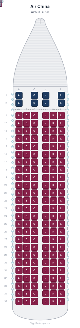 Air China Airbus A320 seat map layout showing 2-class configuration with 158 seats