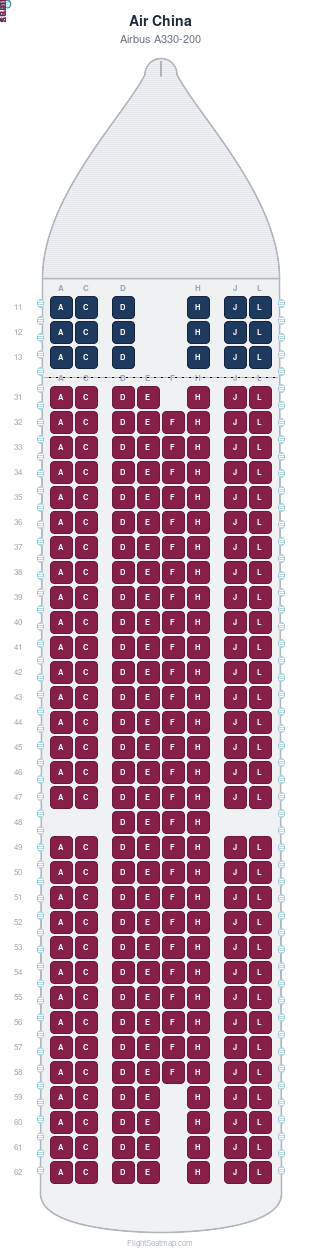 Air China Airbus A330-200 seat map layout showing 2-class configuration with 265 seats