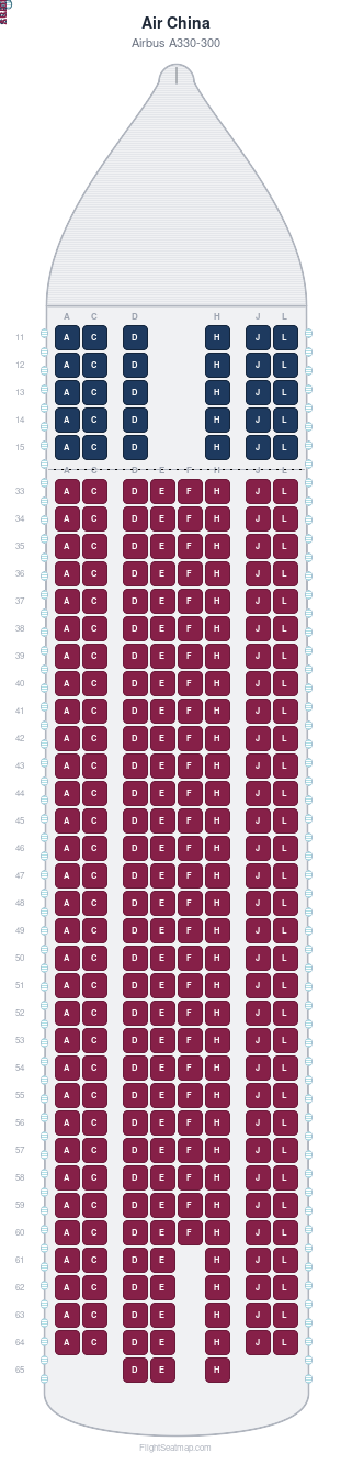 Air China Airbus A330-300 seat map layout showing 2-class configuration with 285 seats