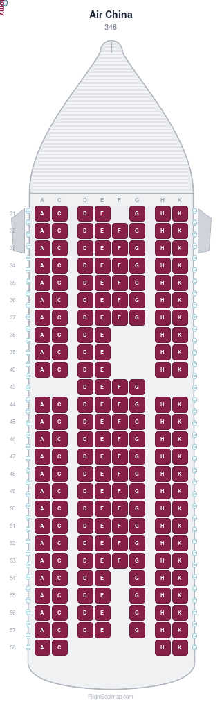 Air China 346 seat map layout showing 1-class configuration with 189 seats