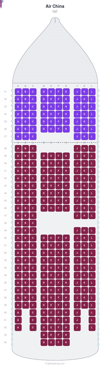 Air China 747 seat map layout showing 2-class configuration with 299 seats