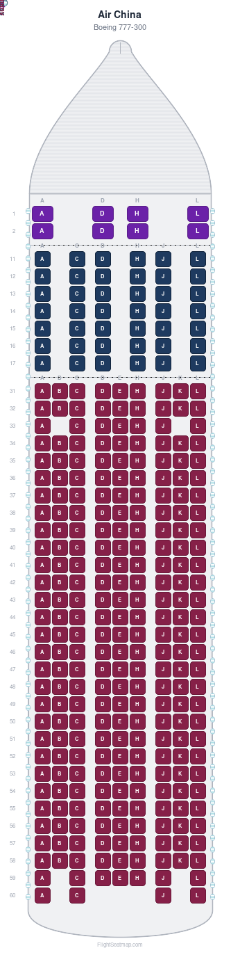Air China Boeing 777-300 seat map layout for flight CA961 from PEK to MUC