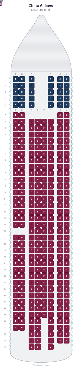 China Airlines Airbus A330-300 seat map layout for flight CI121 from OKA to TPE