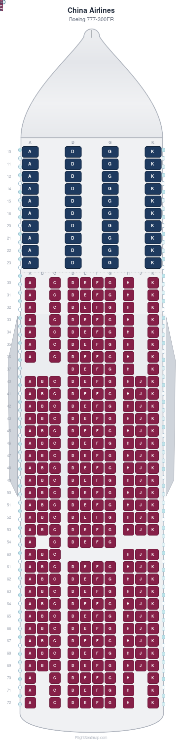 China Airlines Boeing 777-300ER seat map layout for flight CI131 from CTS to TPE