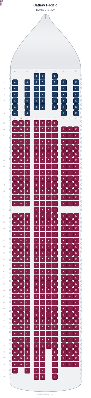Cathay Pacific Boeing 777-300 seat map layout for flight CX381 from PVG to HKG