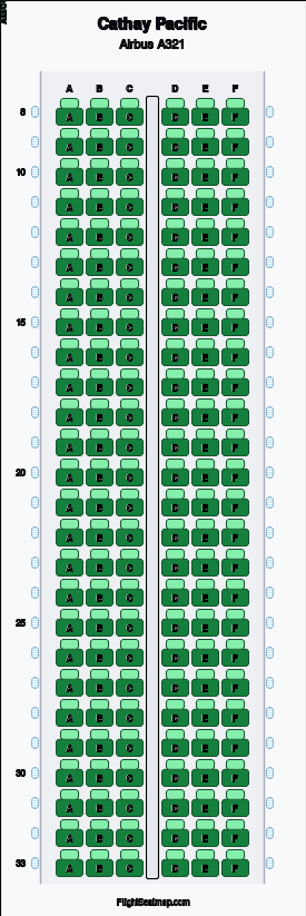 Cathay Pacific Airbus A321 seat map layout showing 1-class configuration with 156 seats