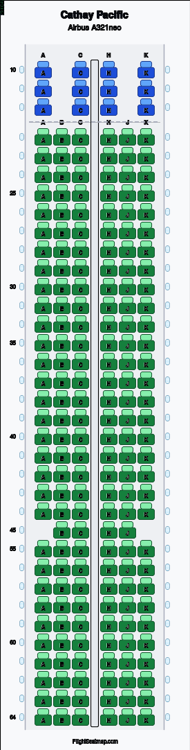Cathay Pacific Airbus A321neo seat map layout showing 2-class configuration with 202 seats