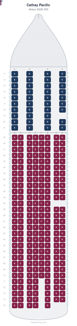 Cathay Pacific Airbus A330-300 seat map layout for flight CX561 from KIX to HKG