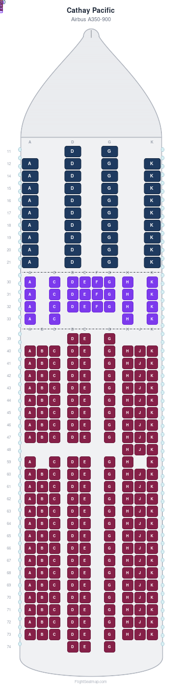 Cathay Pacific Airbus A350-900 seat map layout for flight CX526 from HKG to NRT