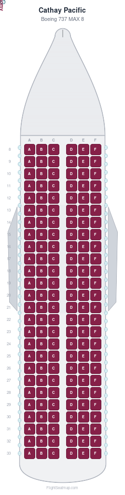 Cathay Pacific Boeing 737 MAX 8 seat map layout showing 1-class configuration with 156 seats