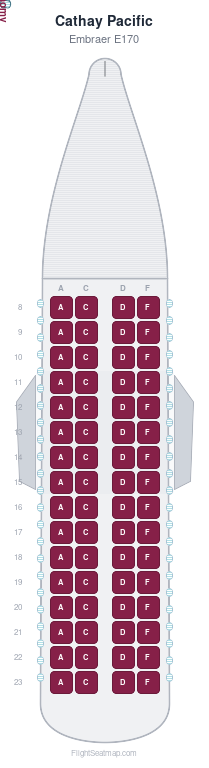 Cathay Pacific Embraer E170 seat map layout showing 1-class configuration with 64 seats