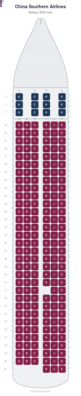 China Southern Airlines Airbus A321neo seat map layout showing 2-class configuration with 200 seats