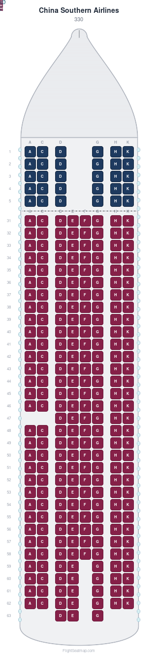 China Southern Airlines 330 seat map layout showing 2-class configuration with 283 seats