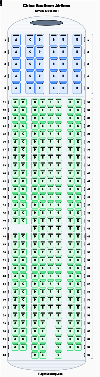 China Southern Airlines Airbus A330-300 seat map layout showing 2-class configuration with 283 seats
