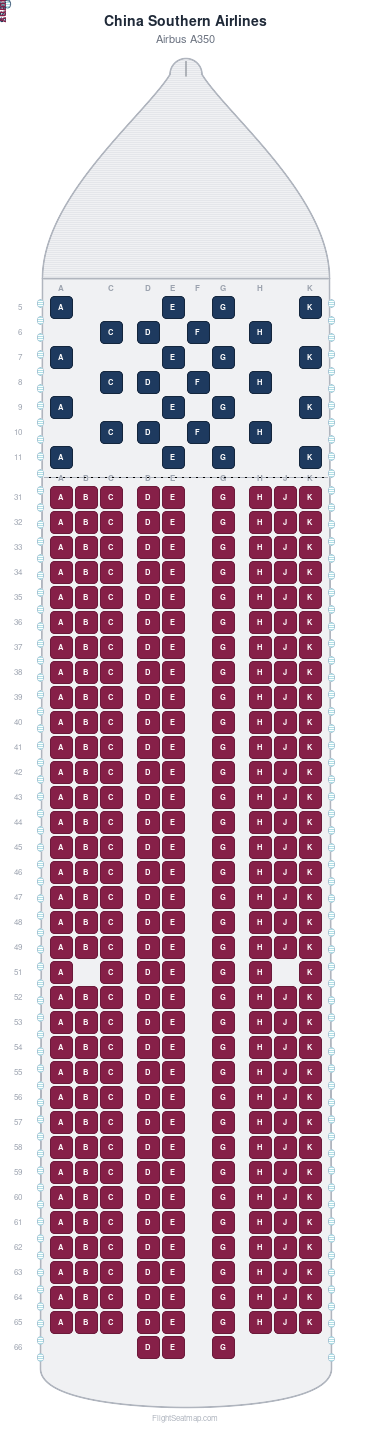 China Southern Airlines Airbus A350 seat map layout showing 2-class configuration with 335 seats