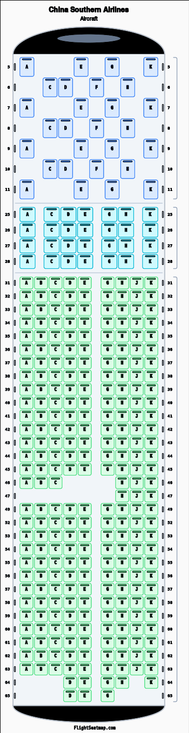 China Southern Airlines  seat map layout showing 3-class configuration with 325 seats