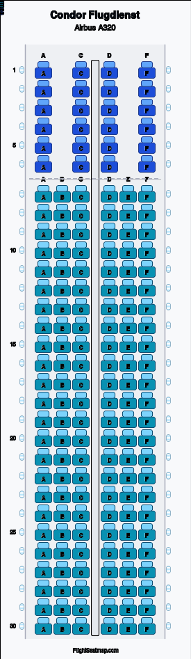 Condor Flugdienst Airbus A320 seat map layout showing 2-class configuration with 168 seats