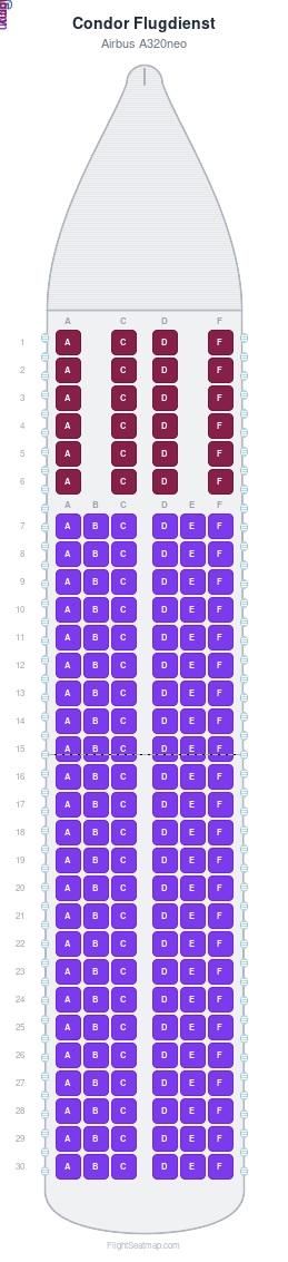 Condor Flugdienst Airbus A320neo seat map layout showing 2-class configuration with 168 seats