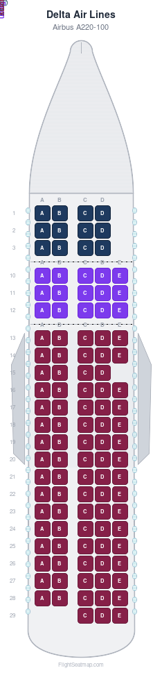 Delta Air Lines Airbus A220-100 seat map layout for flight DL1035 from JFK to JFK