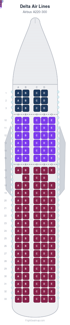 Delta Air Lines Airbus A220-300 seat map layout for flight DL2851 from SEA to DEN