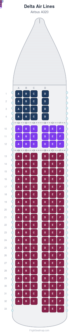 Delta Air Lines Airbus A320 seat map layout showing 3-class configuration with 157 seats