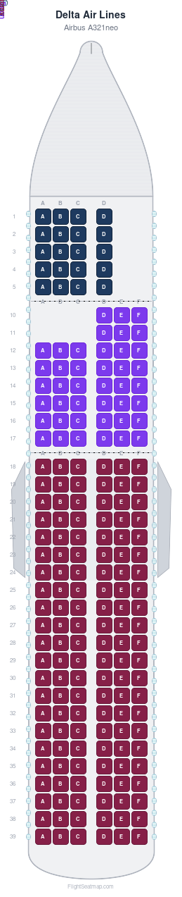 Delta Air Lines Airbus A321neo seat map layout for flight DL699 from JFK to SEA
