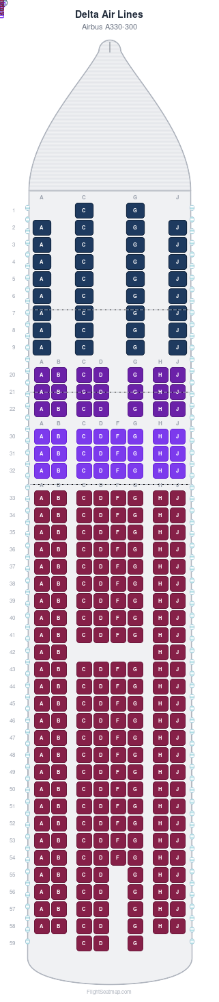 Delta Air Lines Airbus A330-300 seat map layout for flight DL144 from SEA to AMS