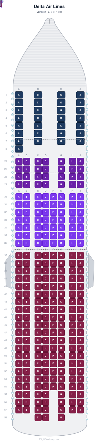 Delta Air Lines Airbus A330-900 seat map layout for flight DL124 from BOS to LIS