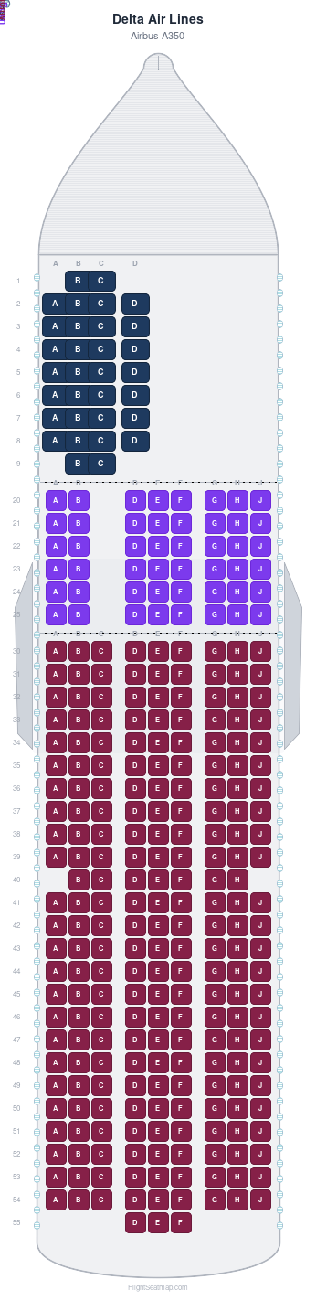 Delta Air Lines Airbus A350 seat map layout showing 3-class configuration with 306 seats