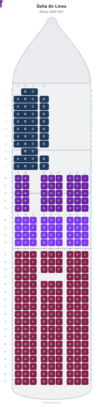 Delta Air Lines Airbus A350-900 seat map layout for flight DL8402 from SEA to CDG