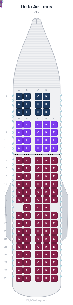 Delta Air Lines 717 seat map layout for flight DL1119 from SAV to DTW