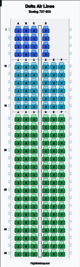 Delta Air Lines Boeing 737-800 seat map layout for flight DL398 from DEN to LGA